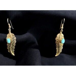 * Vintage Southwestern Gold Feather Turquoise Dangle Earrings